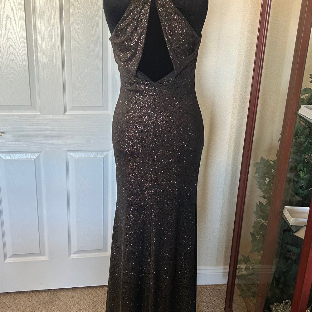 ABS Allen Schwartz - Black Gold Shimmer Cowl Neck Gown - Size M